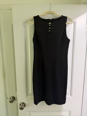 Ivanka Trump Black Sleeveless Sheath Dress with Gold Accents